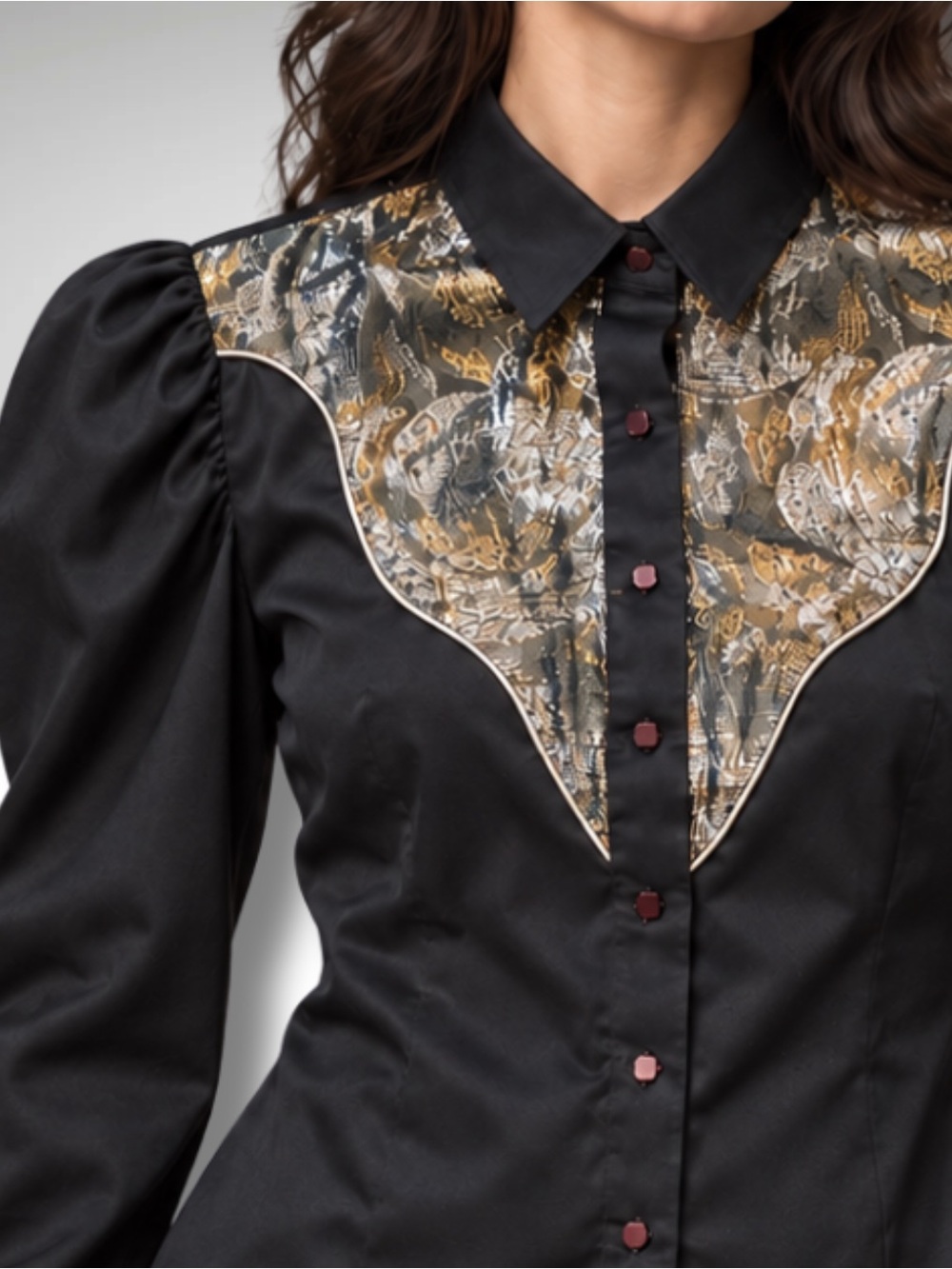 VTG 80s Black Puff Sleeve Blouse • Metallic Gold Dark Western Brocade Bib Yoke
